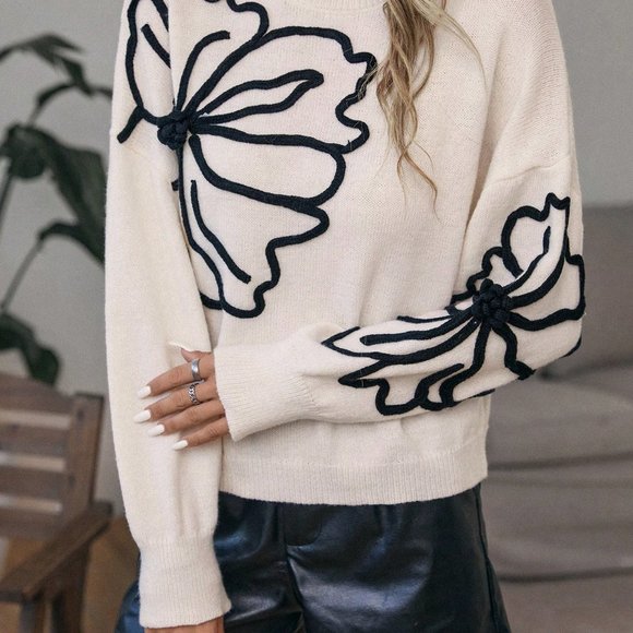Floral Pattern Drop Shoulder Mock Neck Sweater - Picture 3 of 5